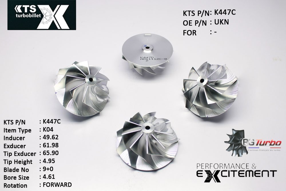 Turbo ROUE FORGÉE MFS PERFORMANCE - 9+0 PALES - INDUCER : 49,618 - EXDUCER : 61,98 - TYPE : K04ANGLE : 45° - ROTATION : Forward - SUPER BACK : 1,8 - BORE SIZE : 4,61
